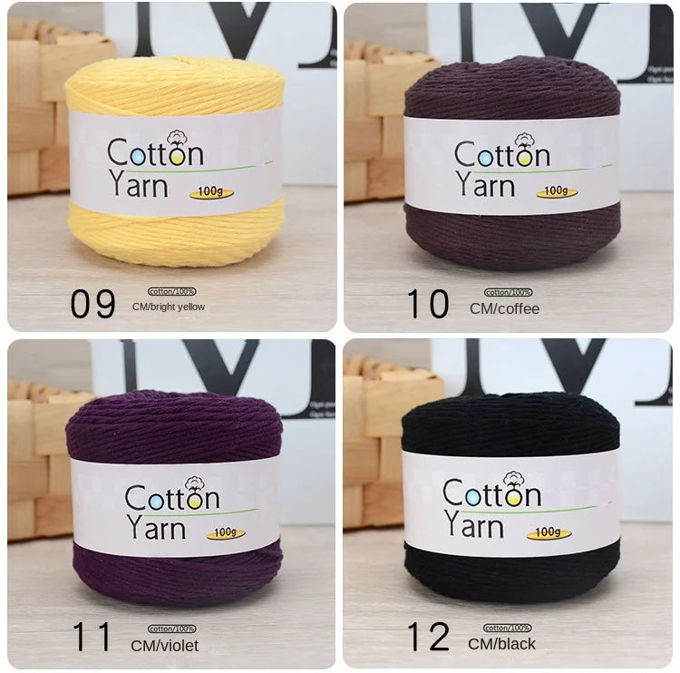 Twelve spools of 100% cotton yarn in various colors including yellow, coffee, violet, and black.