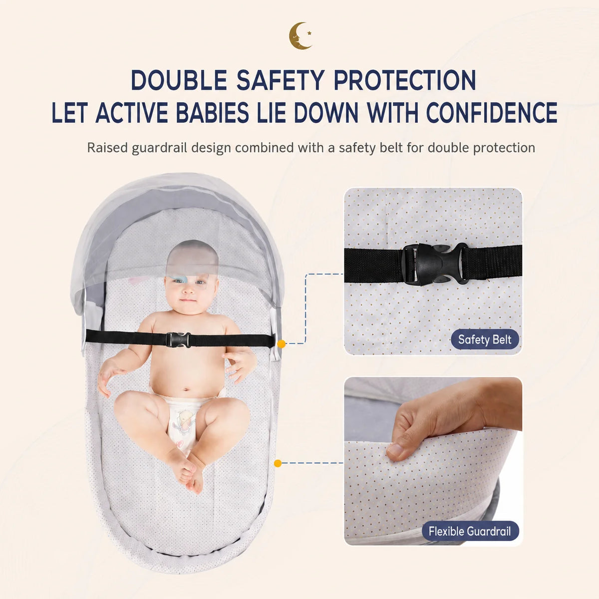 A portable foldable baby bed featuring a raised guardrail and a safety belt for double protection.