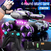 A purple and black RC stunt tank is shown with a hand, featuring LED lights and components for 4 rounds of stunts.