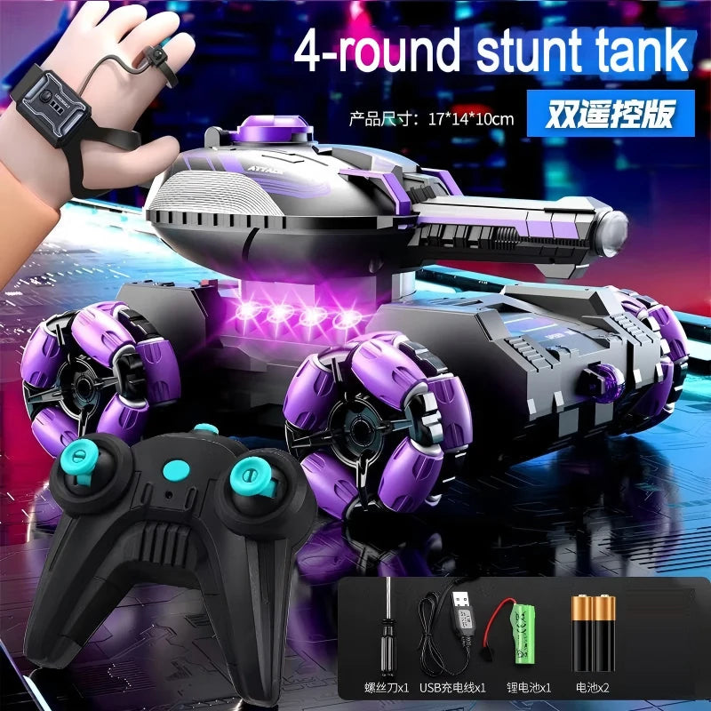 A purple and black RC stunt tank is shown with a hand, featuring LED lights and components for 4 rounds of stunts.