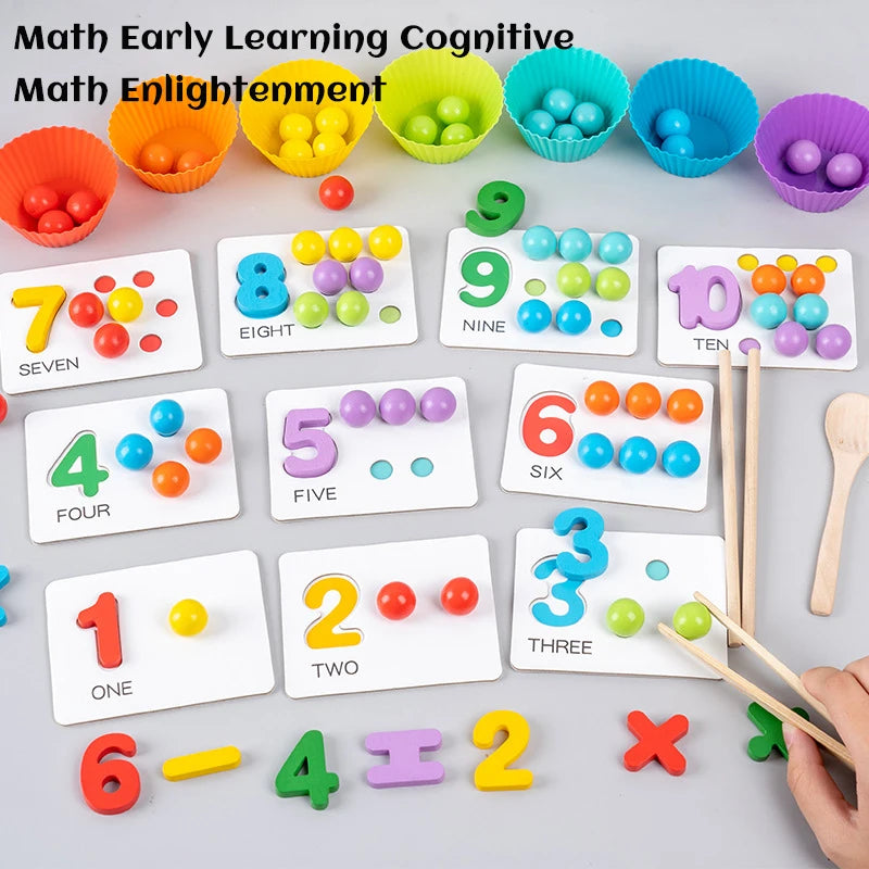 A set of colorful wooden clip beads and number cards for early math learning and fine motor skill development.