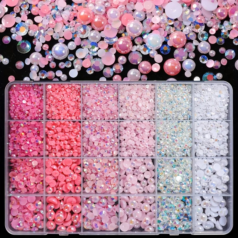 A collection of pink and white AB resin rhinestones and pearls in various sizes and shades for DIY crafts.
