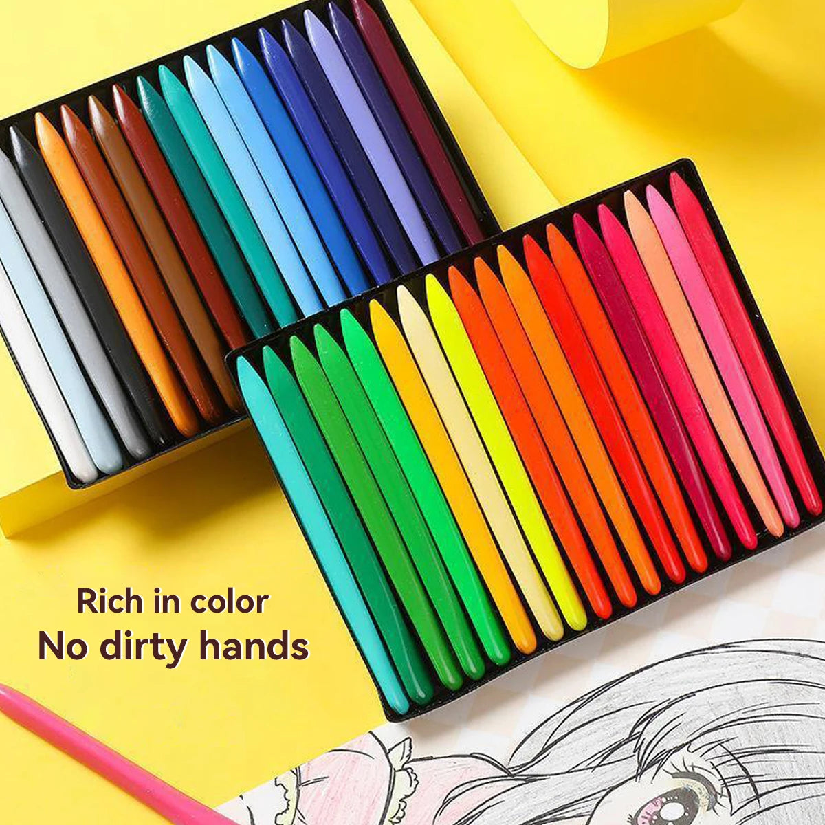 A set of triangular colored pencils in various vibrant shades arranged in a black case on a yellow background.