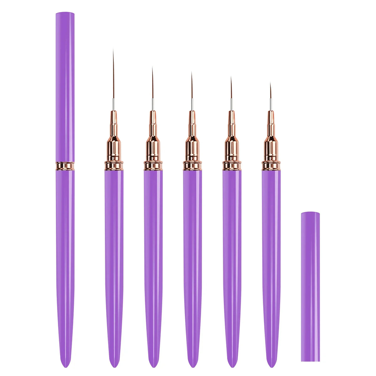 A set of five ultra-fine nail art liner brushes in purple and gold packaging.