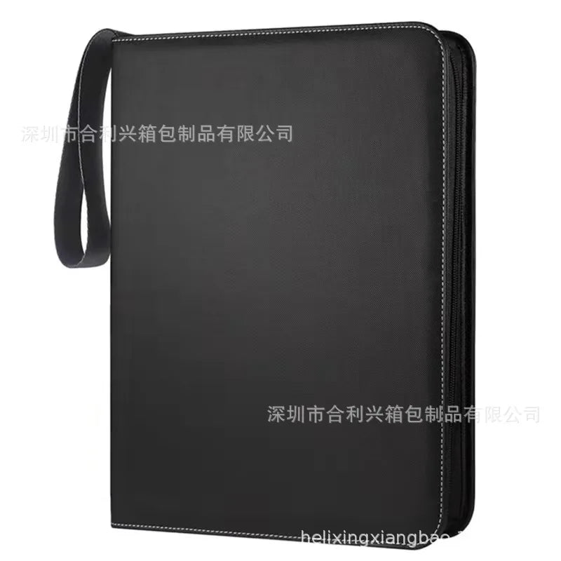 Black PU leather card binder with a zipper closure.