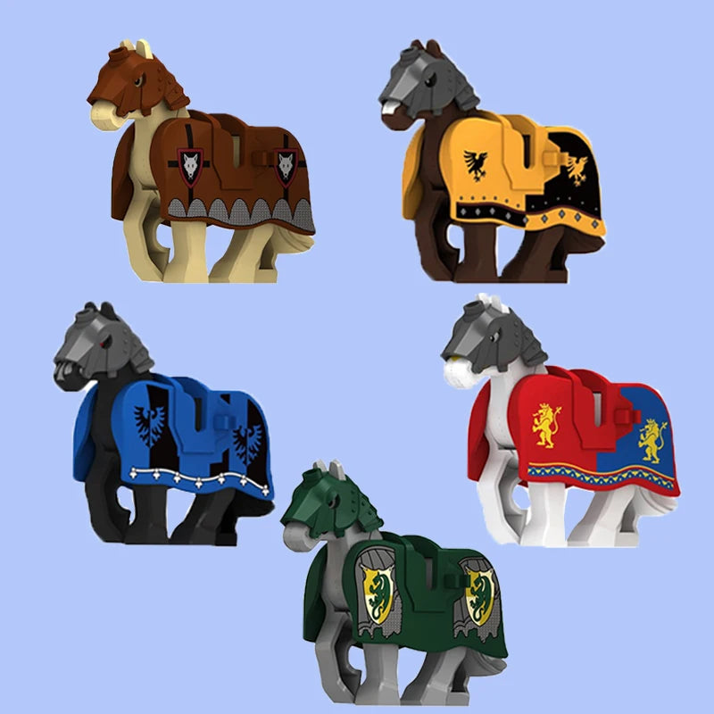 Six models of African wildlife animals built from building blocks, including a brown horse, a gray donkey, and others.