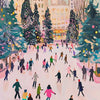 A painting depicts a snowy city street lined with evergreen trees and buildings decorated with holiday lights.