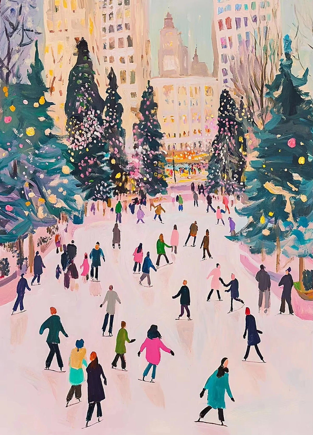 A painting depicts a snowy city street lined with evergreen trees and buildings decorated with holiday lights.