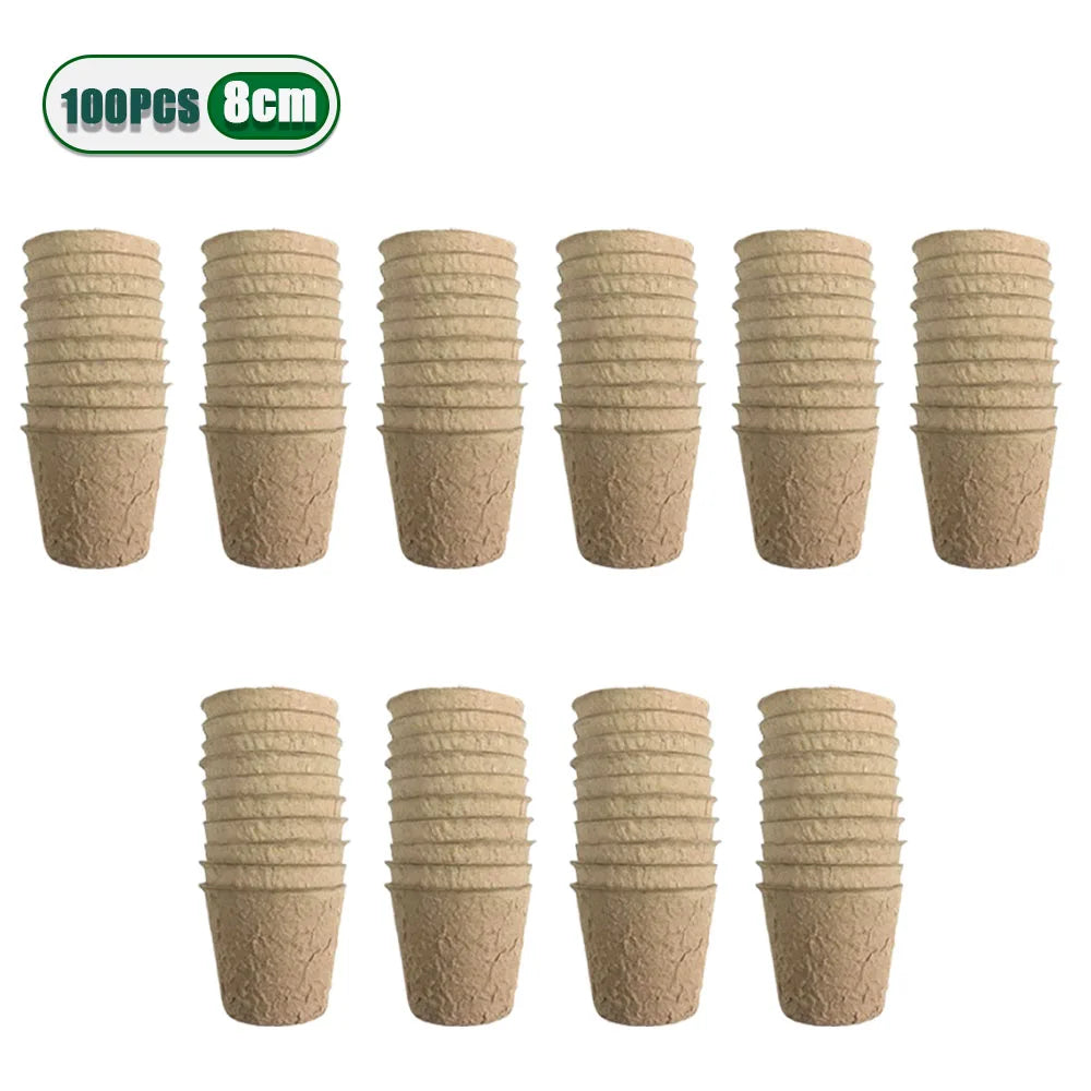 A set of 100 biodegradable peat pots for seed starting in a light brown color.