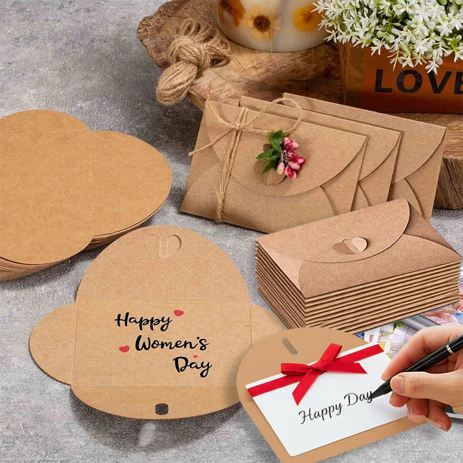 A stack of kraft paper envelopes with heart clasps for gift cards and notes are displayed on a rustic surface.