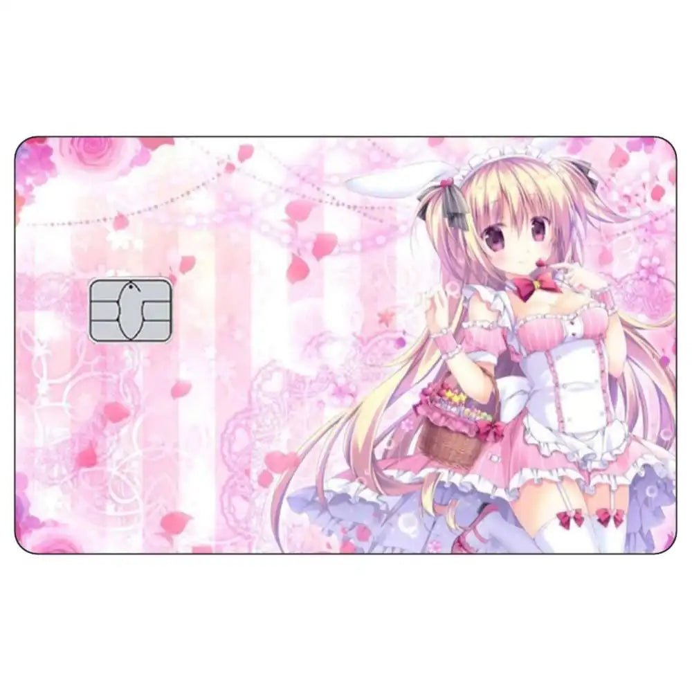 Anime girl illustration with long blonde hair and pink clothing against a light pink background.