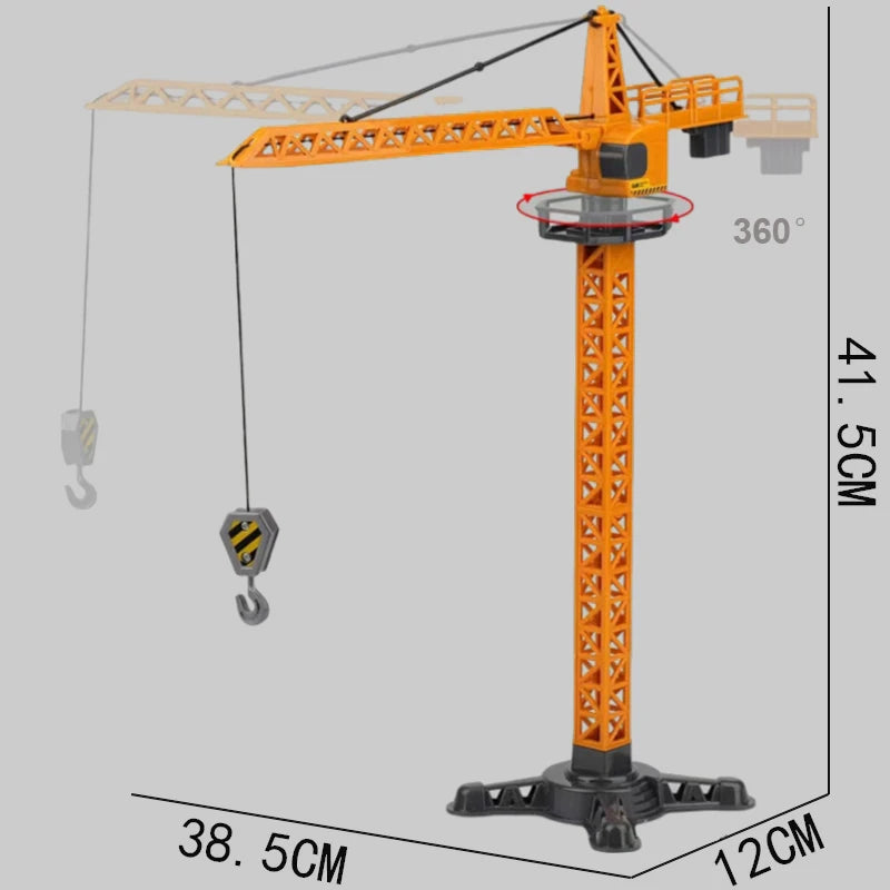 An orange diecast construction crane model toy set with a yellow jib and hook, shown against a gray background.