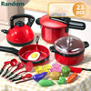 A red kids play kitchen cooking set featuring pots, pans, and various food-shaped accessories.