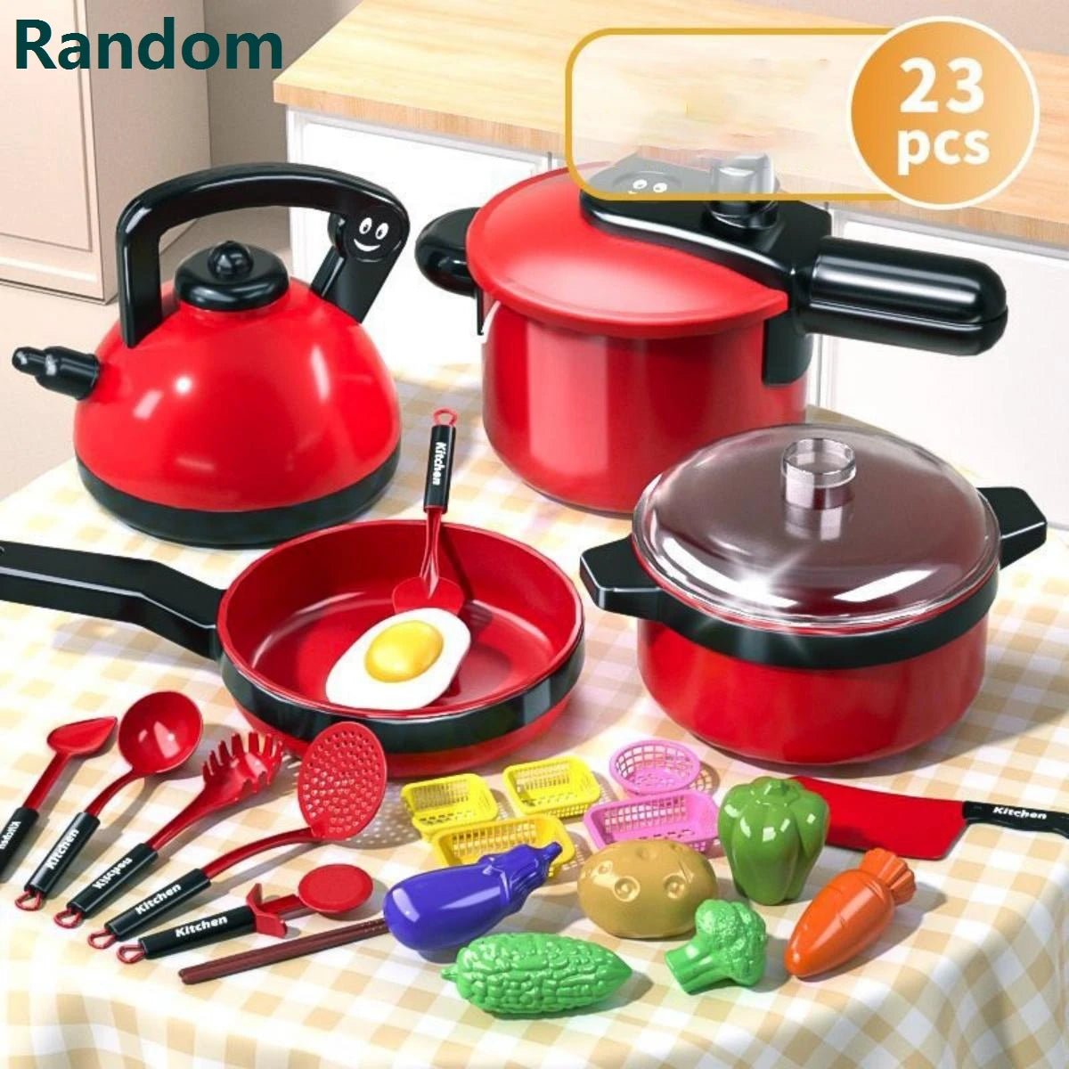A red kids play kitchen cooking set featuring pots, pans, and various food-shaped accessories.