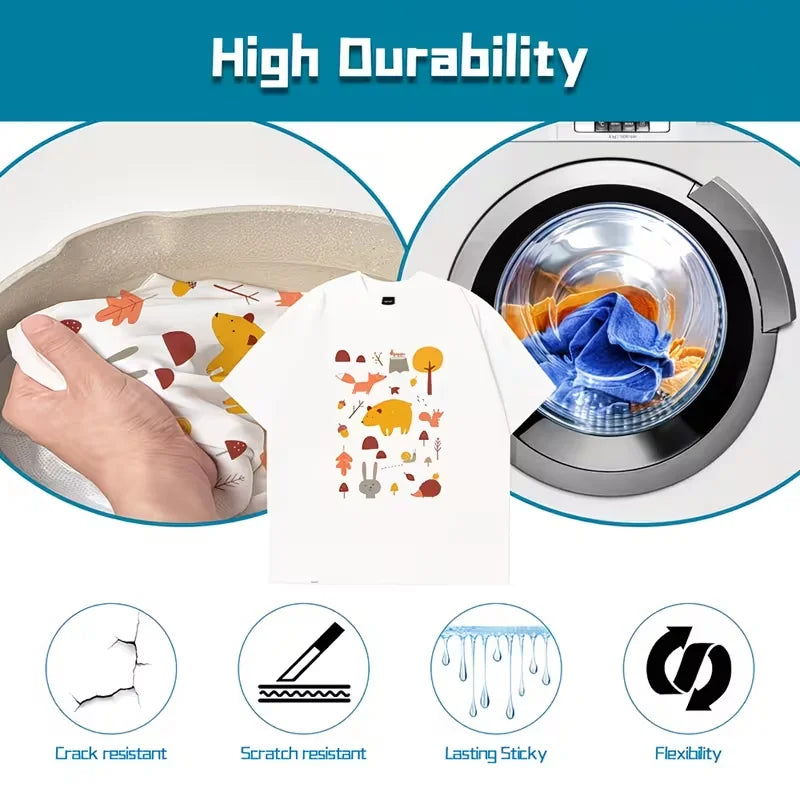 A white t-shirt with colorful iron-on heat transfer stickers is shown next to a steam iron and various features listed.