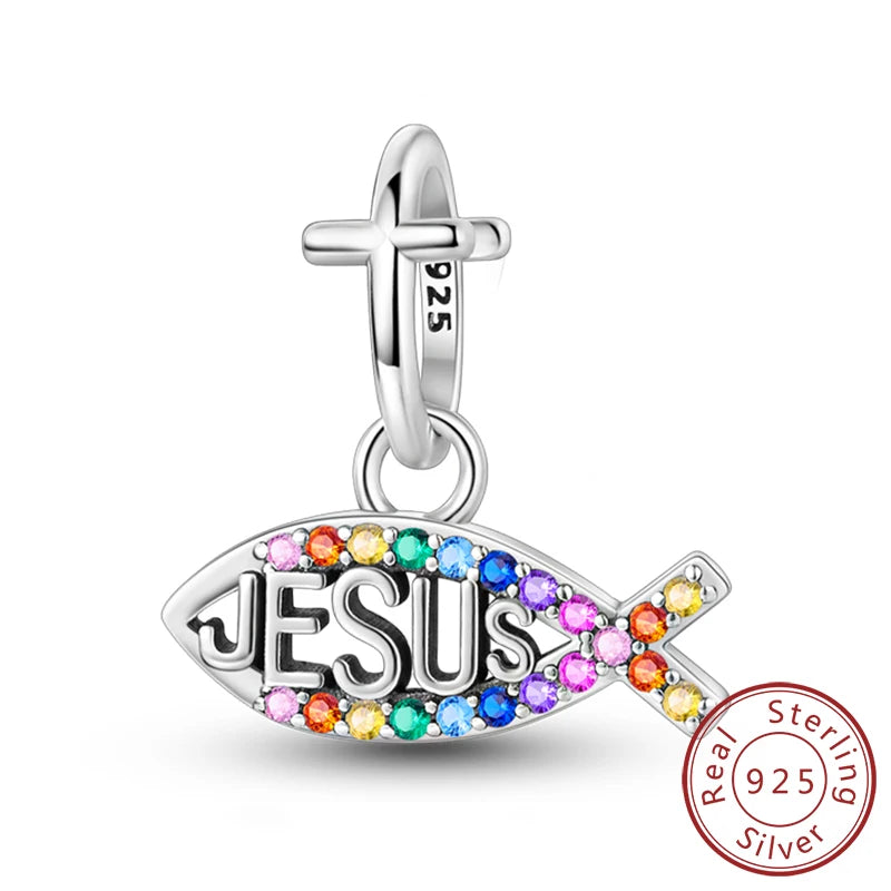 Sterling silver charm featuring a cross design with colorful gemstone beads.