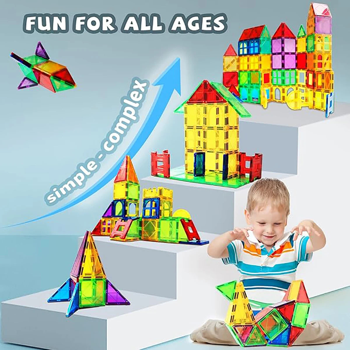 Colorful magnetic building blocks and dinosaur animal figures stacked on white steps.