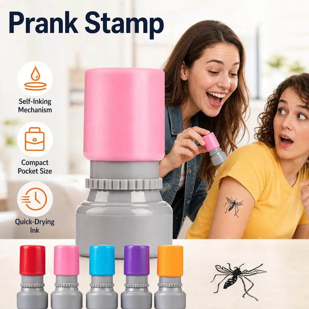 A pink self-inking prank stamp is shown being used on a person's arm, with various colored stamps displayed below.