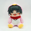 A pink penguin plush toy with black hair and a red scarf is shown against a white background.