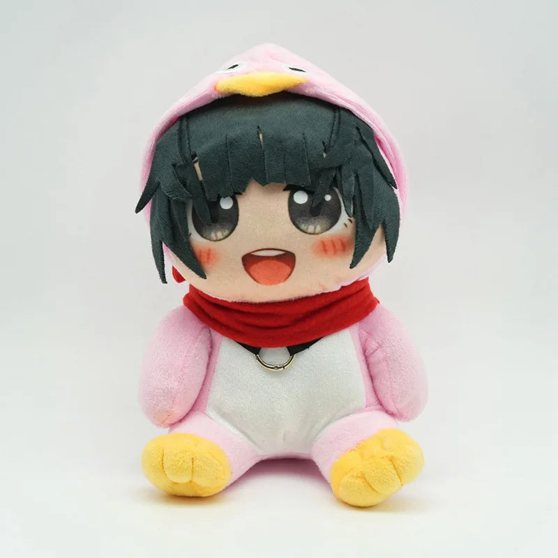 A pink penguin plush toy with black hair and a red scarf is shown against a white background.