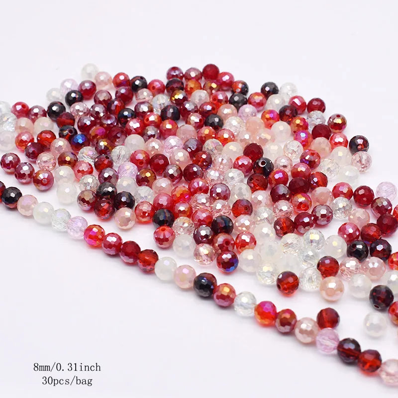 Faceted Round Crystal Glass Beads - 8mm Mixed Colors, 30-Pack