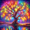 A vibrant, colorful tree landscape painting featuring an illuminated tree with glowing leaves and dripping light reflected in