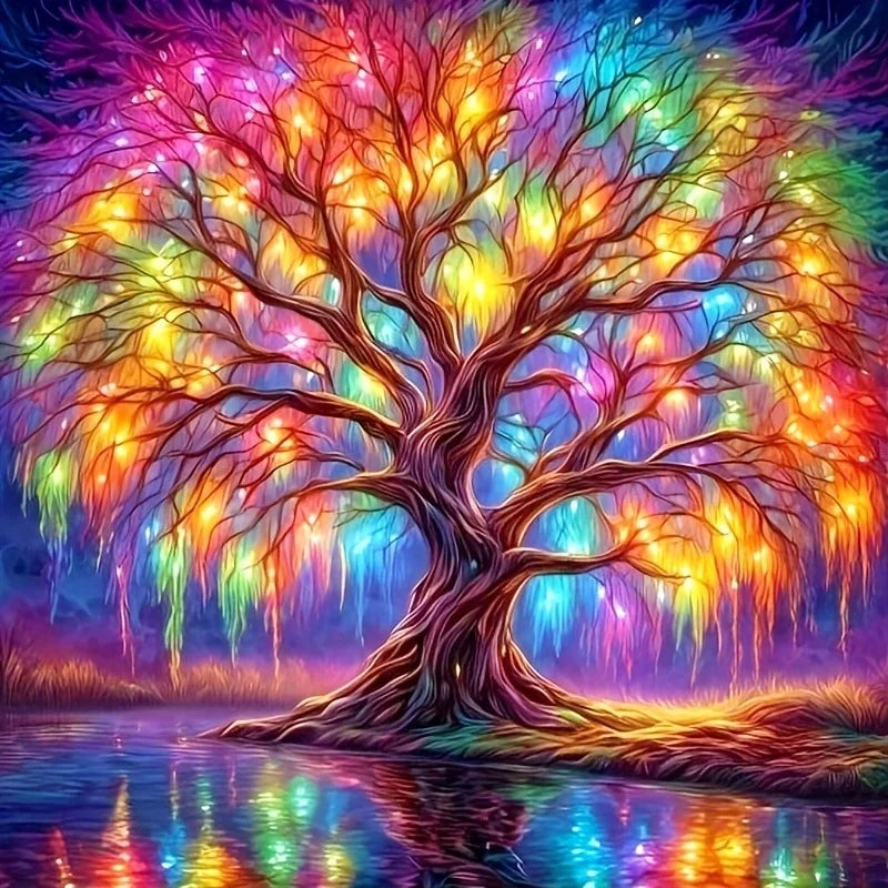 A vibrant, colorful tree landscape painting featuring an illuminated tree with glowing leaves and dripping light reflected in