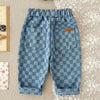 Pair of blue plaid corduroy pants with patch pockets and elastic waist for toddlers