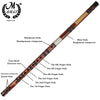 A traditional Chinese bamboo flute with a brass joint, showing various finger holes and a blow hole.