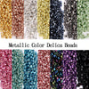 A collection of metallic color delica beads in various shades including gold, copper, silver, and green.