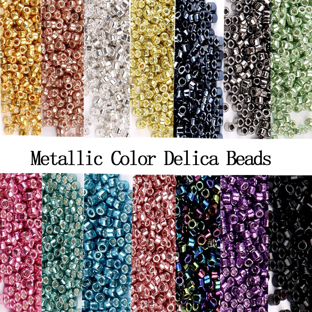 A collection of metallic color delica beads in various shades including gold, copper, silver, and green.