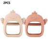 A pair of pink silicone hand-shaped teethers for babies, designed as soothing chew toys.