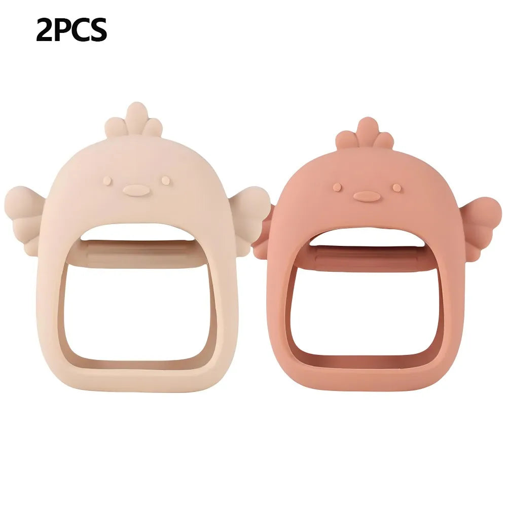 A pair of pink silicone hand-shaped teethers for babies, designed as soothing chew toys.