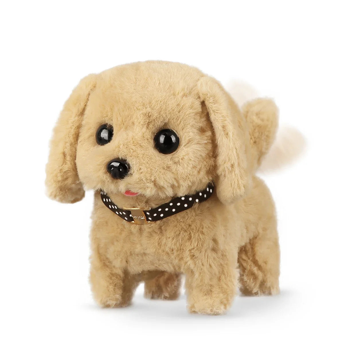 A light brown plush puppy toy with floppy ears and a black polka-dot collar.