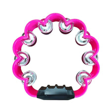 A pink petal-shaped hand-cranked tambourine with an ergonomic grip.