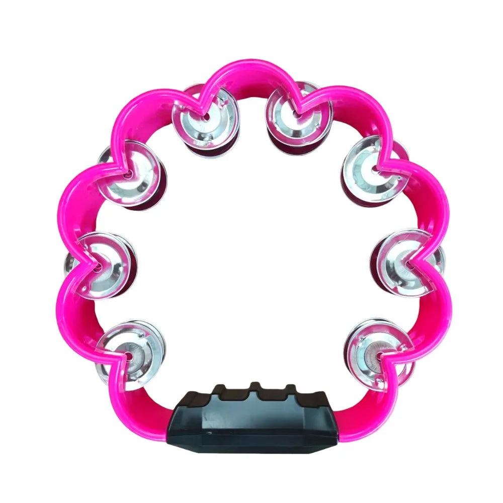 A pink petal-shaped hand-cranked tambourine with an ergonomic grip.