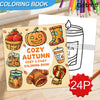 A coloring book featuring autumn themes like pumpkins, fall leaves, boots, and a drink cup.