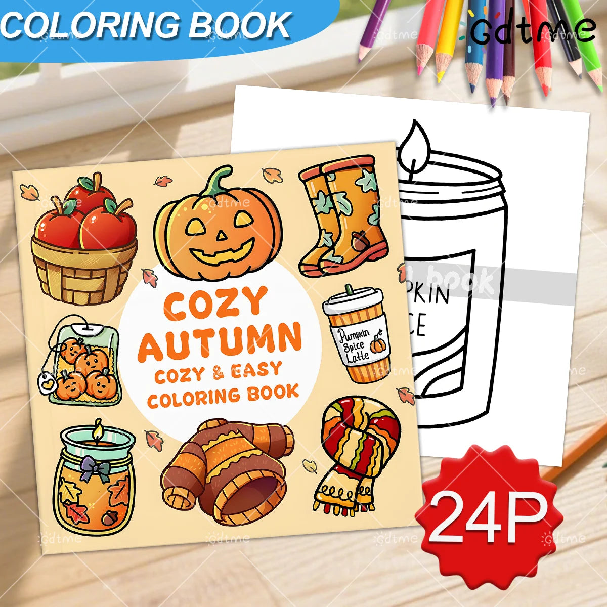 A coloring book featuring autumn themes like pumpkins, fall leaves, boots, and a drink cup.