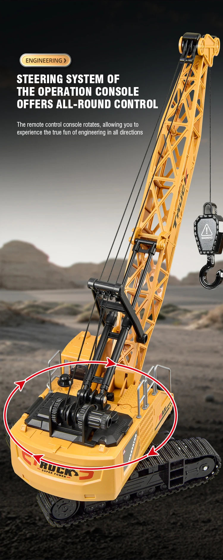 A yellow remote control spray crane truck with alloy construction is shown in a close-up view.