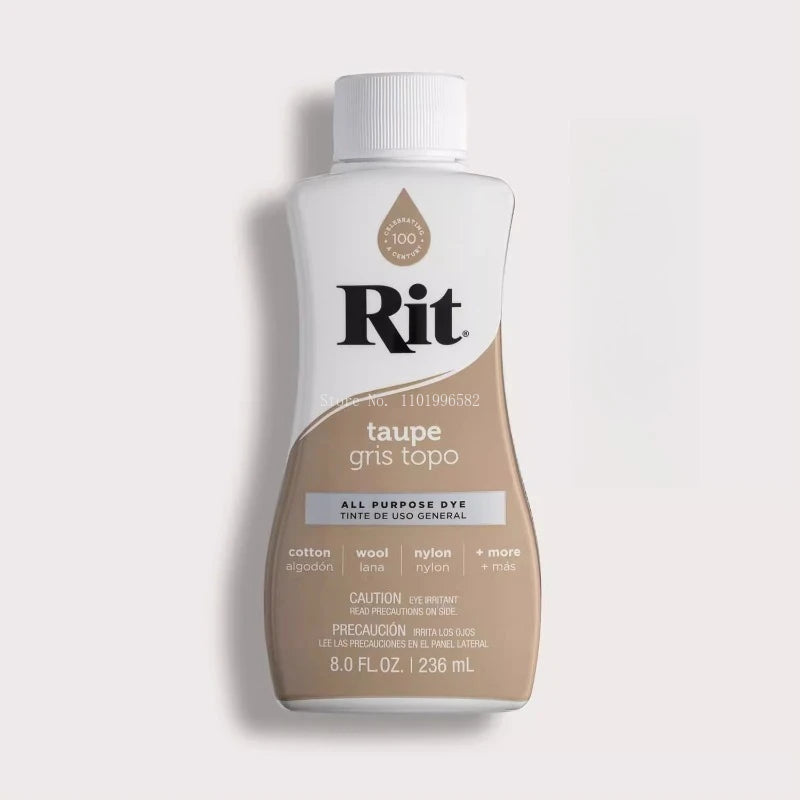 A bottle of Rit All Purpose Dye in a beige liquid with a white cap and label.
