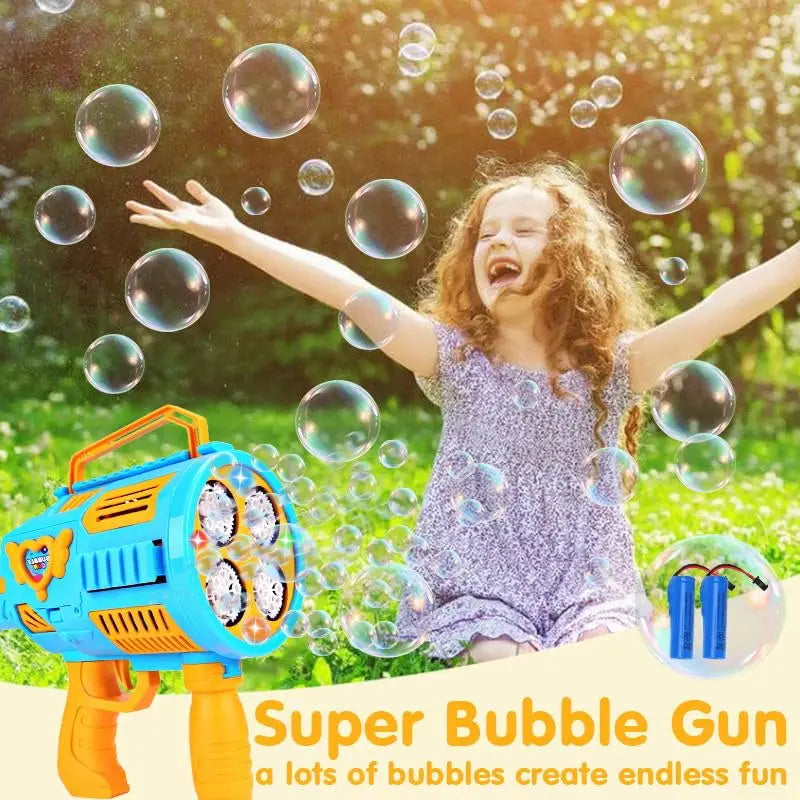 A young girl is joyfully blowing bubbles with a blue bubble gun outdoors.