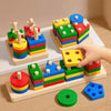 A wooden geometric shape sorter puzzle featuring colorful blocks and shapes for toddlers.