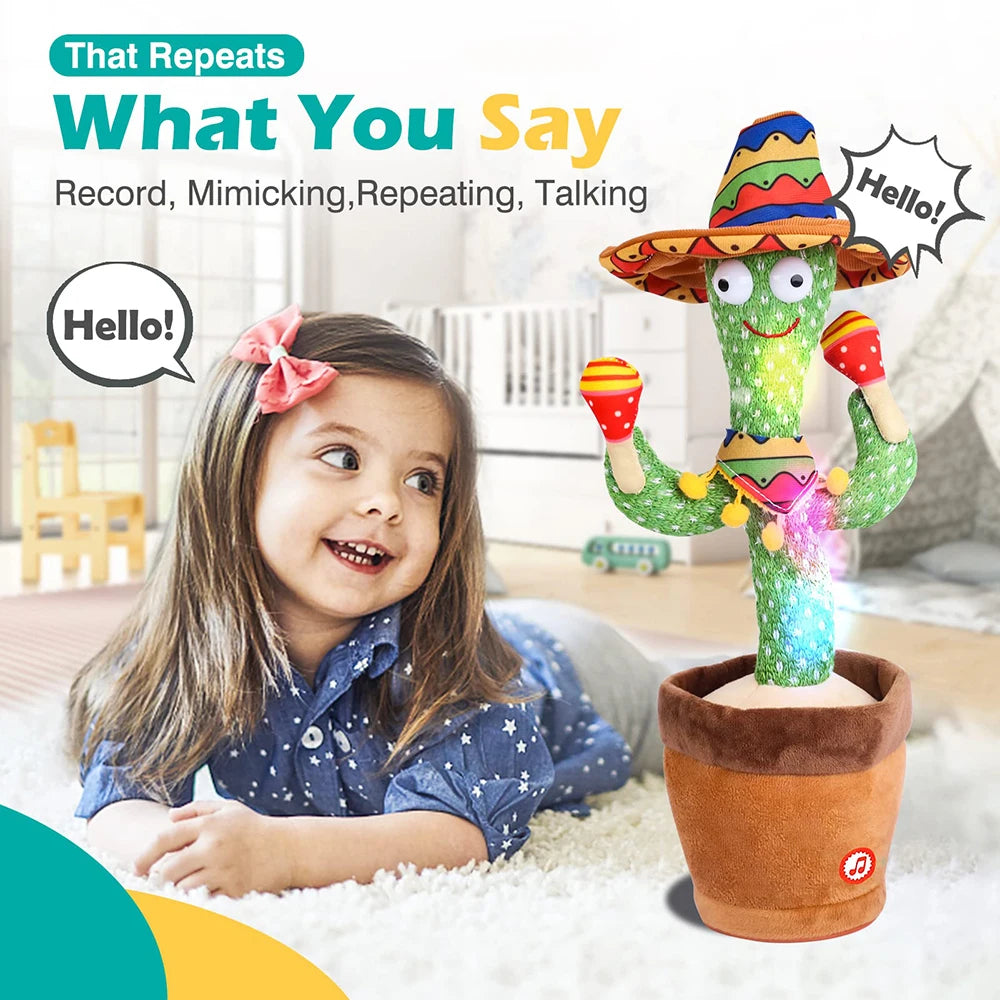 A smiling young girl is interacting with an interactive talking cactus toy wearing a sombrero.