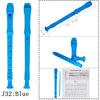 Blue recorder flute for kids with a cleaning stick shown in various views and dimensions