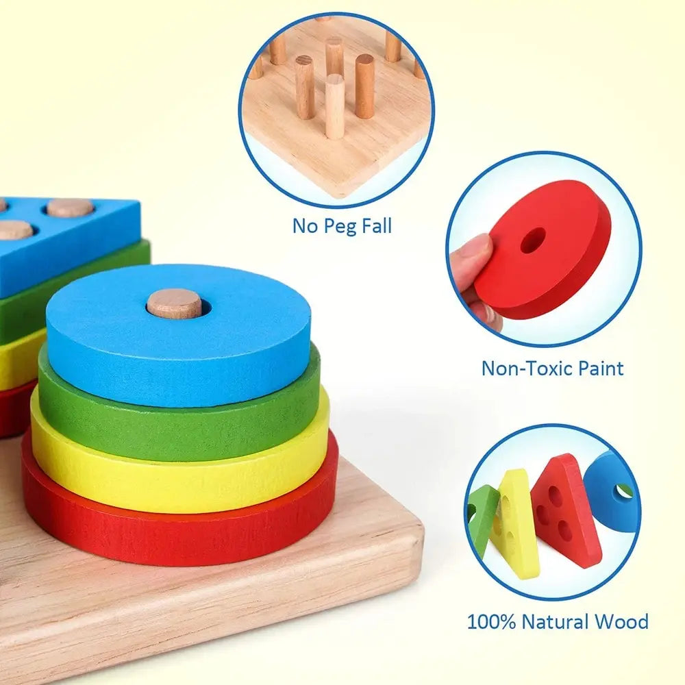Wooden Shape Sorter & Stacking Toy for Toddlers