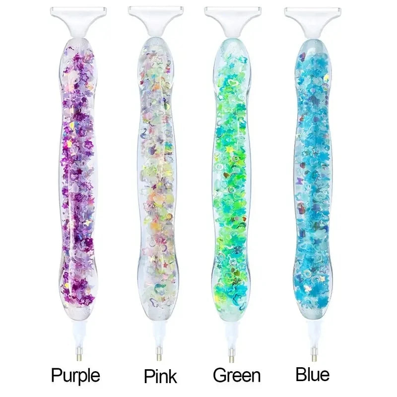 Six glow-in-the-dark diamond painting pens in purple, pink, green, and blue colors displayed vertically.