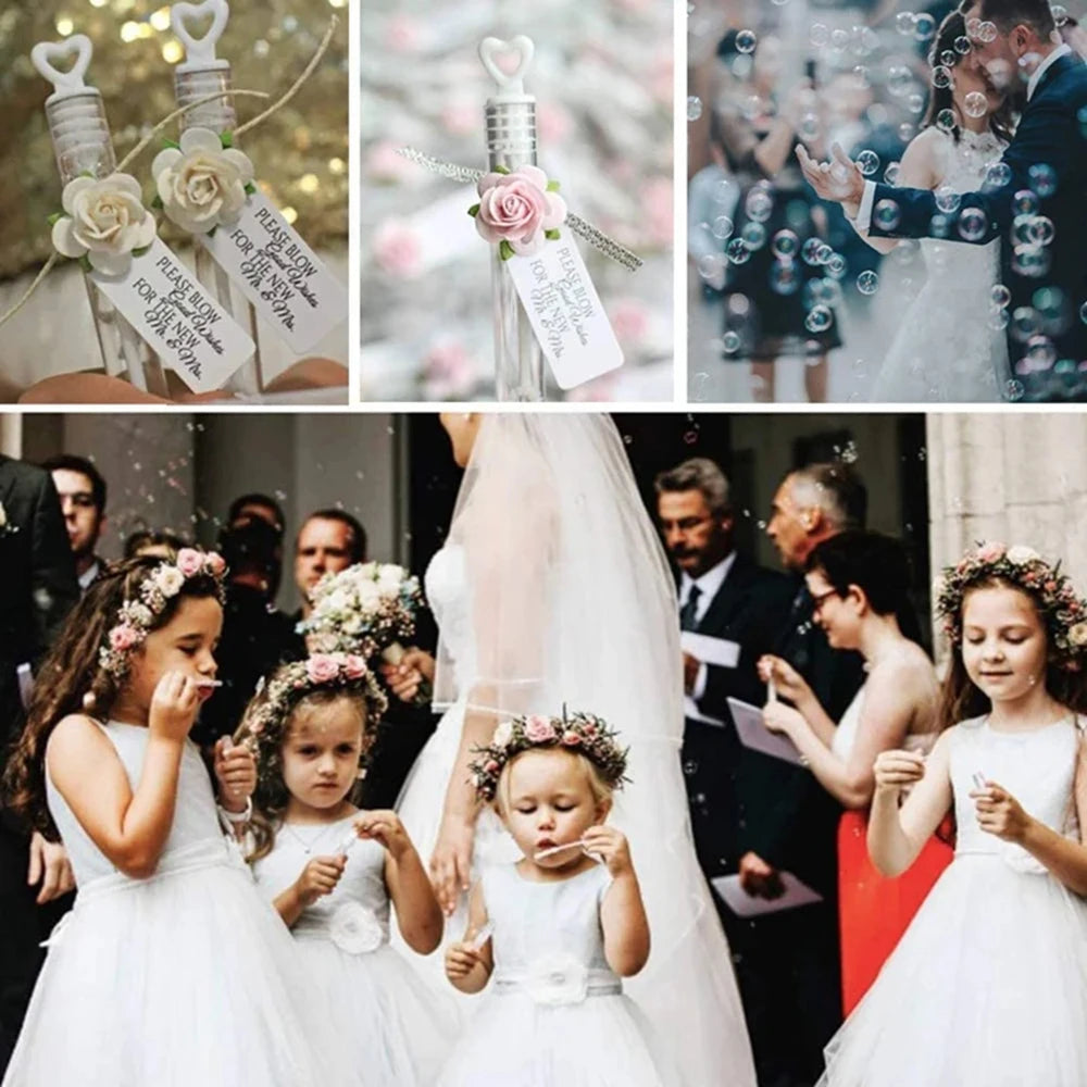 A collage of mini bubble wands for party favors and celebrations, featuring floral accents and wedding photography.