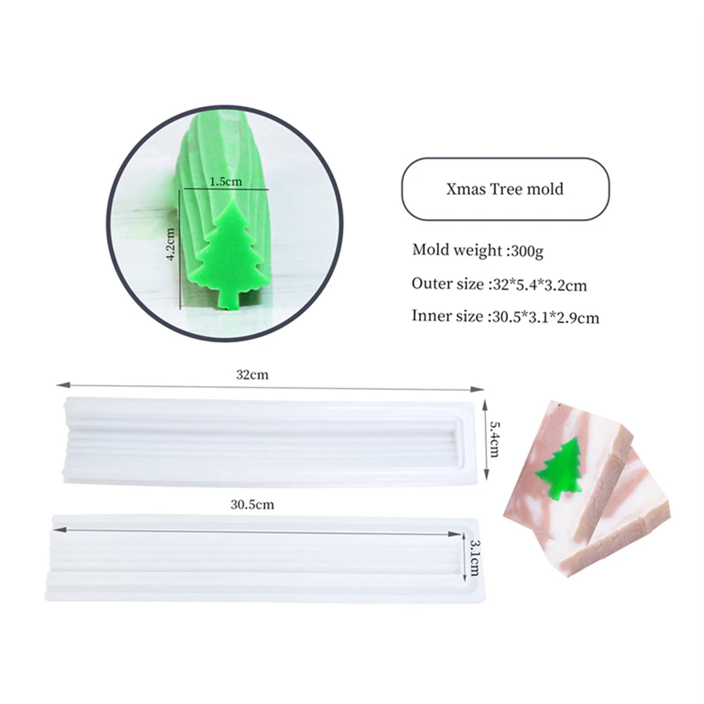 A silicone Christmas tree mold set showing a green molded shape and corresponding white rectangular molds.