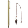 A long, slender brass dowsing rod with a chain attached for paranormal investigation.