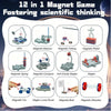 A collection of twelve magnetic science kits demonstrating various principles like fishing, robotics, and anti-gravity moveme